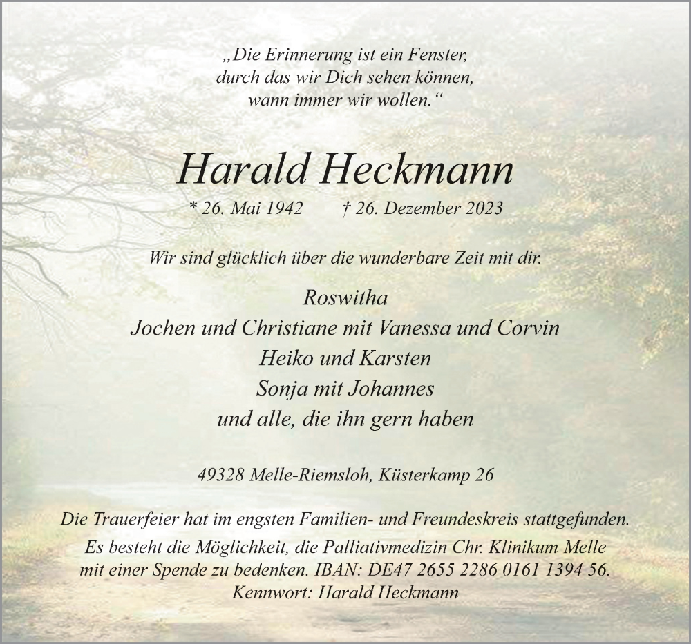  Traueranzeige für Harald Heckmann vom 11.01.2024 aus Neue Osnabrücker Zeitung GmbH & Co. KG
