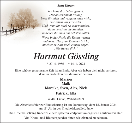 Traueranzeige von Hartmut Gössling von Neue Osnabrücker Zeitung GmbH & Co. KG