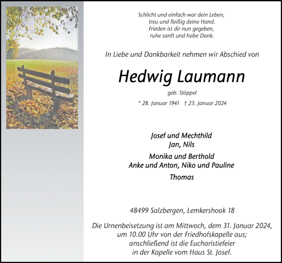 Traueranzeige von Hedwig Laumann von Neue Osnabrücker Zeitung GmbH & Co. KG