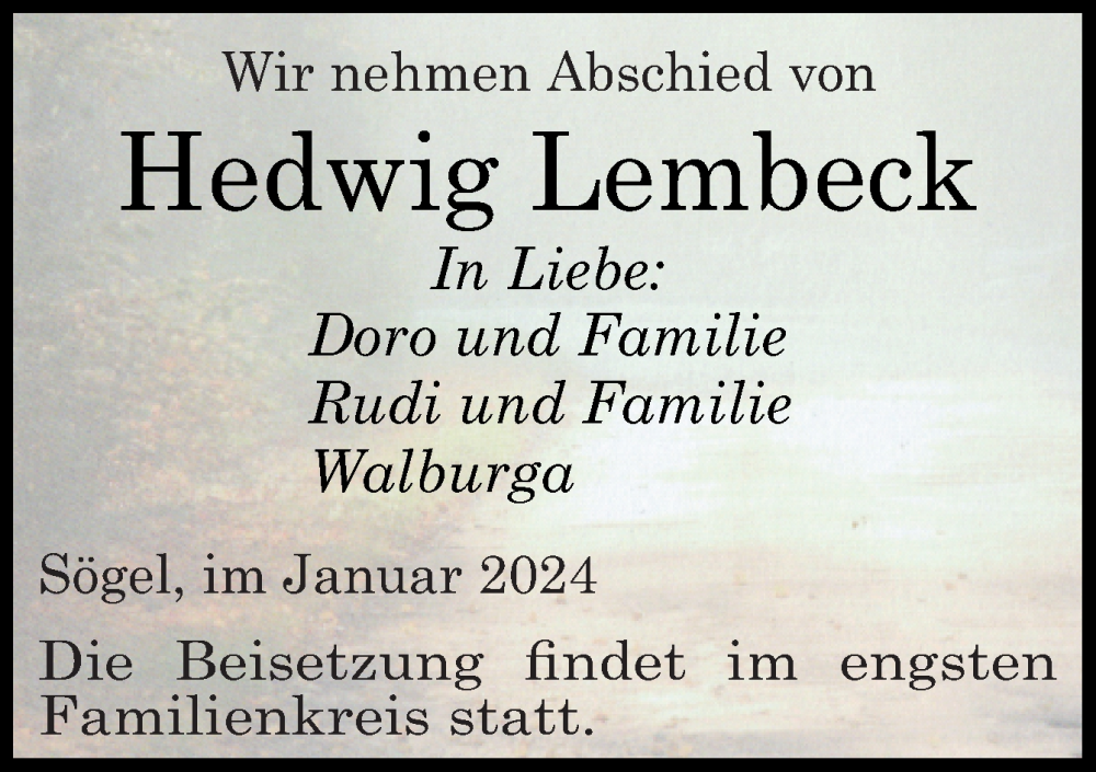  Traueranzeige für Hedwig Lembeck vom 06.01.2024 aus Neue Osnabrücker Zeitung GmbH & Co. KG