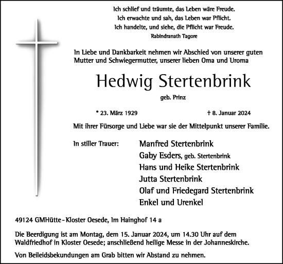 Traueranzeige von Hedwig Stertenbrink von Neue Osnabrücker Zeitung GmbH & Co. KG