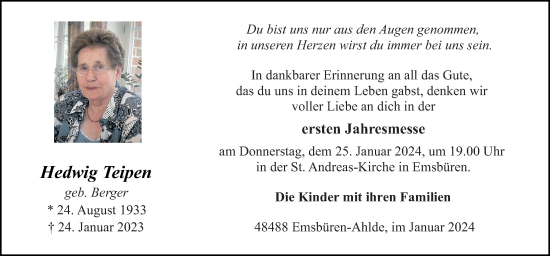 Traueranzeige von Hedwig Teipen von Neue Osnabrücker Zeitung GmbH & Co. KG