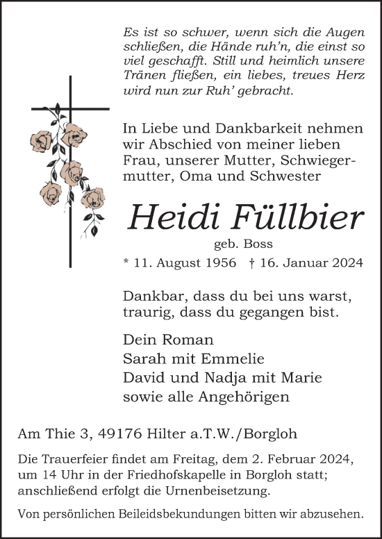 Traueranzeige von Heidi Füllbier von Neue Osnabrücker Zeitung GmbH & Co. KG