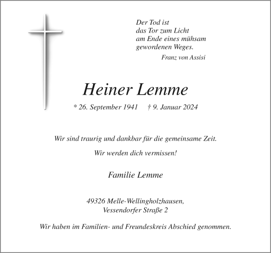 Traueranzeige von Heiner Lemme von Neue Osnabrücker Zeitung GmbH & Co. KG