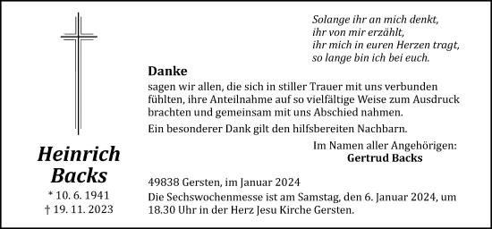 Traueranzeige von Heinrich Backs von Neue Osnabrücker Zeitung GmbH & Co. KG
