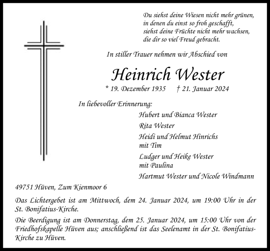 Traueranzeige von Heinrich Wester von Neue Osnabrücker Zeitung GmbH & Co. KG