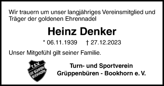 Traueranzeige von Heinz Denker von DK Medien GmbH & Co. KG