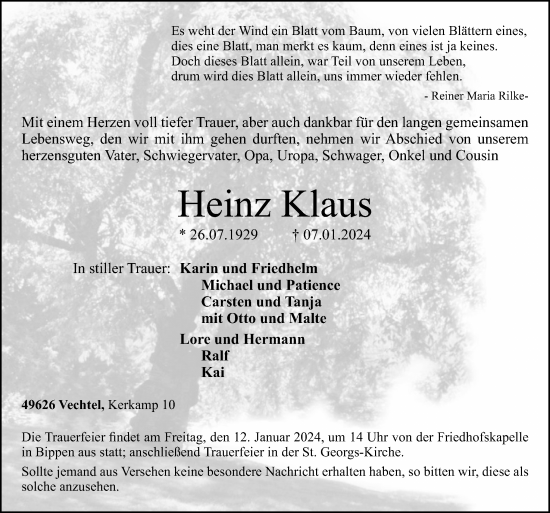 Traueranzeige von Heinz Klaus von Neue Osnabrücker Zeitung GmbH & Co. KG