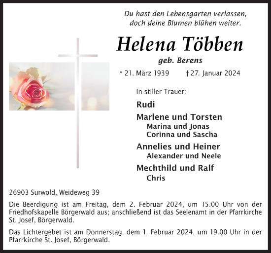Traueranzeige von Helena Többen von Neue Osnabrücker Zeitung GmbH & Co. KG