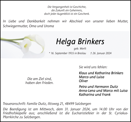 Traueranzeige von Helga Brinkers von Neue Osnabrücker Zeitung GmbH & Co. KG