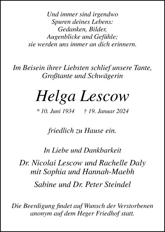 Traueranzeige von Helga Lescow von Neue Osnabrücker Zeitung GmbH & Co. KG
