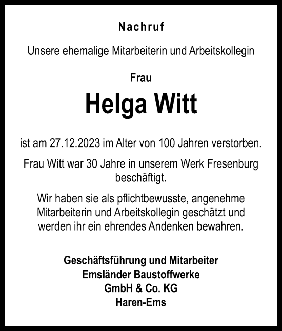 Traueranzeige von Helga Witt von Neue Osnabrücker Zeitung GmbH & Co. KG