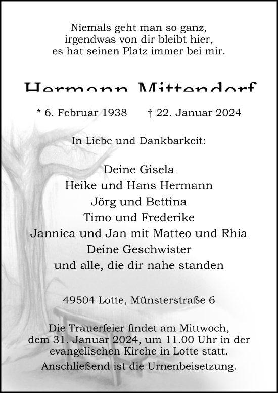 Traueranzeige von Hermann Mittendorf von Neue Osnabrücker Zeitung GmbH & Co. KG