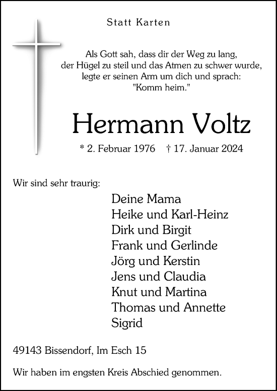 Traueranzeige von Hermann Voltz von Neue Osnabrücker Zeitung GmbH & Co. KG