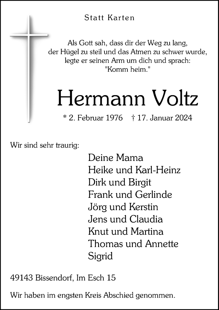  Traueranzeige für Hermann Voltz vom 27.01.2024 aus Neue Osnabrücker Zeitung GmbH & Co. KG