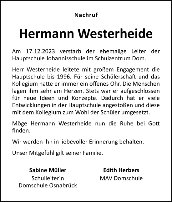 Traueranzeige von Hermann Westerheide von Neue Osnabrücker Zeitung GmbH & Co. KG