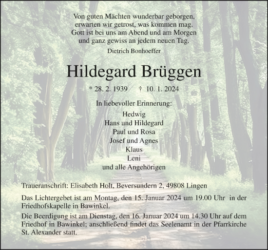 Traueranzeige von Hildegard Brüggen von Neue Osnabrücker Zeitung GmbH & Co. KG