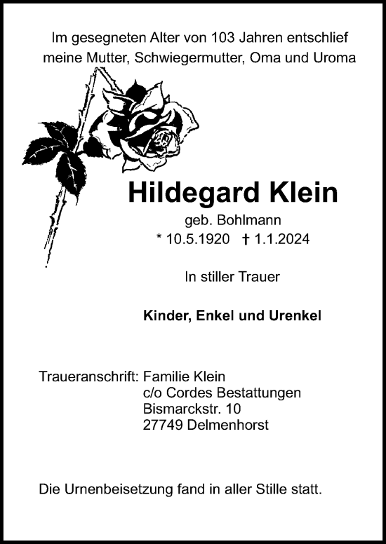 Traueranzeige von Hildegard Klein von DK Medien GmbH & Co. KG