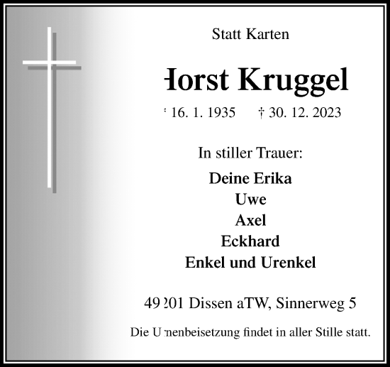 Traueranzeige von Horst Kruggel von Neue Osnabrücker Zeitung GmbH & Co. KG