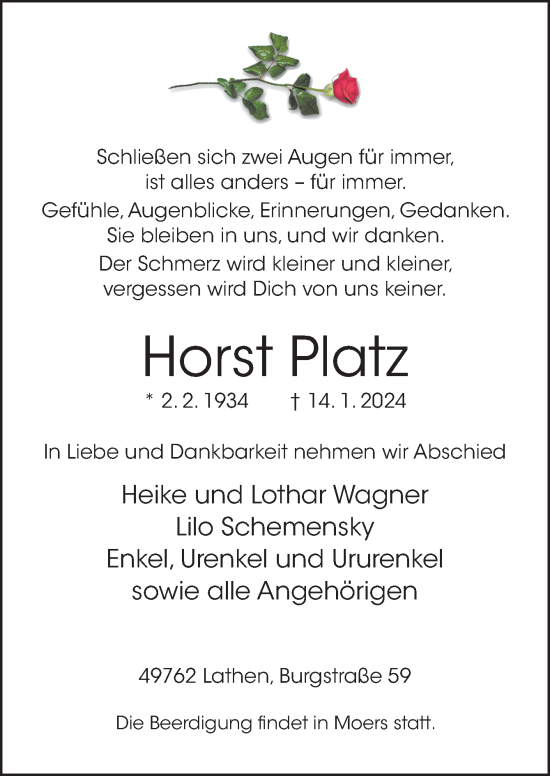 Traueranzeige von Horst Platz von Neue Osnabrücker Zeitung GmbH & Co. KG