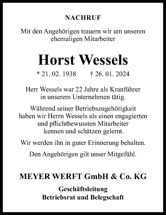 Traueranzeige von Horst Wessels von Neue Osnabrücker Zeitung GmbH & Co. KG