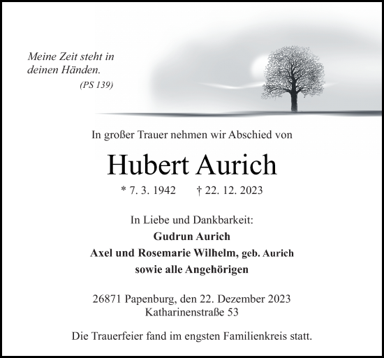Traueranzeige von Hubert Aurich von Neue Osnabrücker Zeitung GmbH & Co. KG