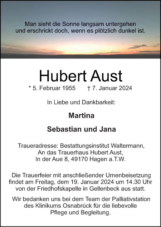 Traueranzeige von Hubert Aust von Neue Osnabrücker Zeitung GmbH & Co. KG