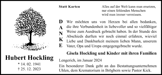 Traueranzeige von Hubert Hockling von Neue Osnabrücker Zeitung GmbH & Co. KG