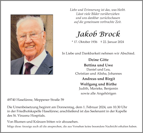 Traueranzeige von Jakob Brock von Neue Osnabrücker Zeitung GmbH & Co. KG