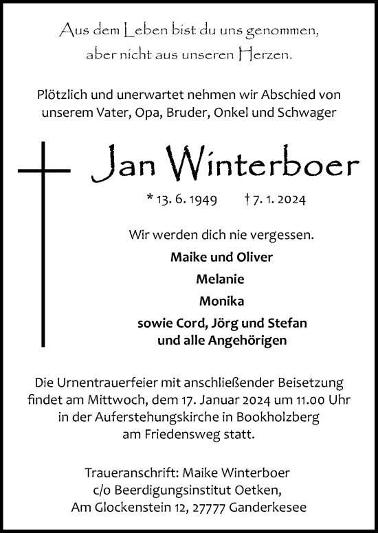 Traueranzeige von Jan Winterboer von DK Medien GmbH & Co. KG