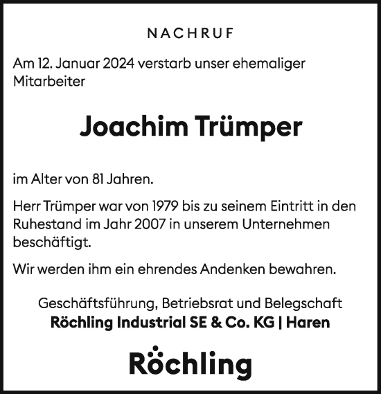 Traueranzeige von Joachim Trümper von Neue Osnabrücker Zeitung GmbH & Co. KG