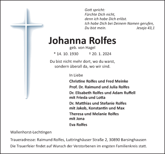 Traueranzeige von Johanna Rolfes von Neue Osnabrücker Zeitung GmbH & Co. KG
