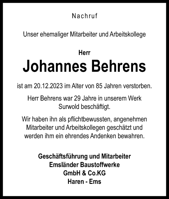 Traueranzeige von Johannes Behrens von Neue Osnabrücker Zeitung GmbH & Co. KG