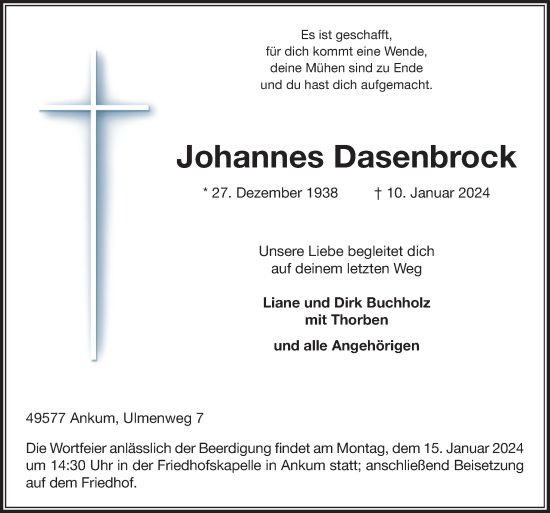 Traueranzeige von Johannes Dasenbrock von Neue Osnabrücker Zeitung GmbH & Co. KG