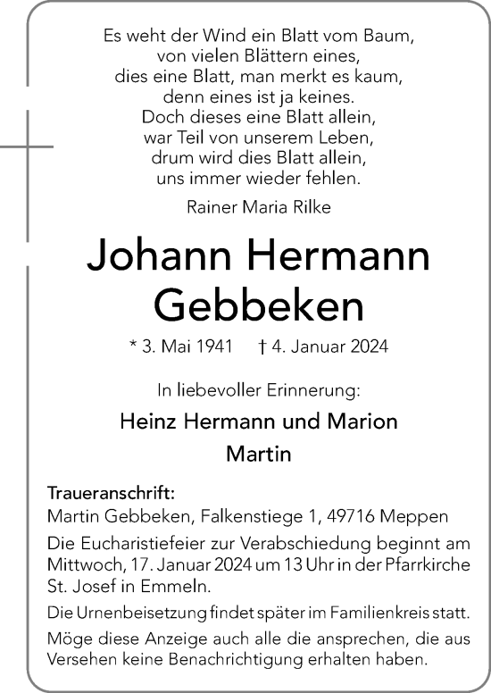 Traueranzeige von Johann Hermann Gebbeken von Neue Osnabrücker Zeitung GmbH & Co. KG