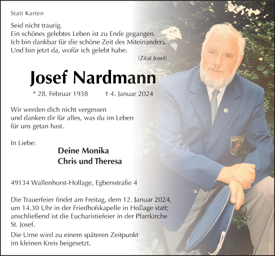 Traueranzeige von Josef Nardman von Neue Osnabrücker Zeitung GmbH & Co. KG