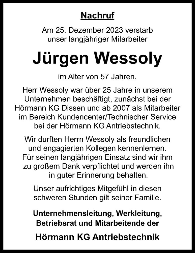  Traueranzeige für Jürgen Wessoly vom 04.01.2024 aus Neue Osnabrücker Zeitung GmbH & Co. KG