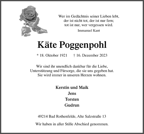 Traueranzeige von Käte Poggenpohl von Neue Osnabrücker Zeitung GmbH & Co. KG