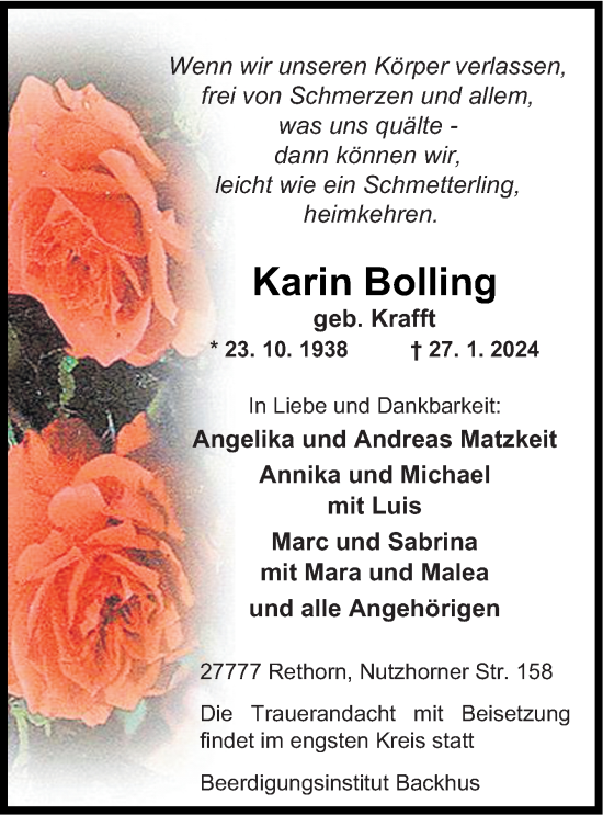 Traueranzeige von Karin Bolling von DK Medien GmbH & Co. KG