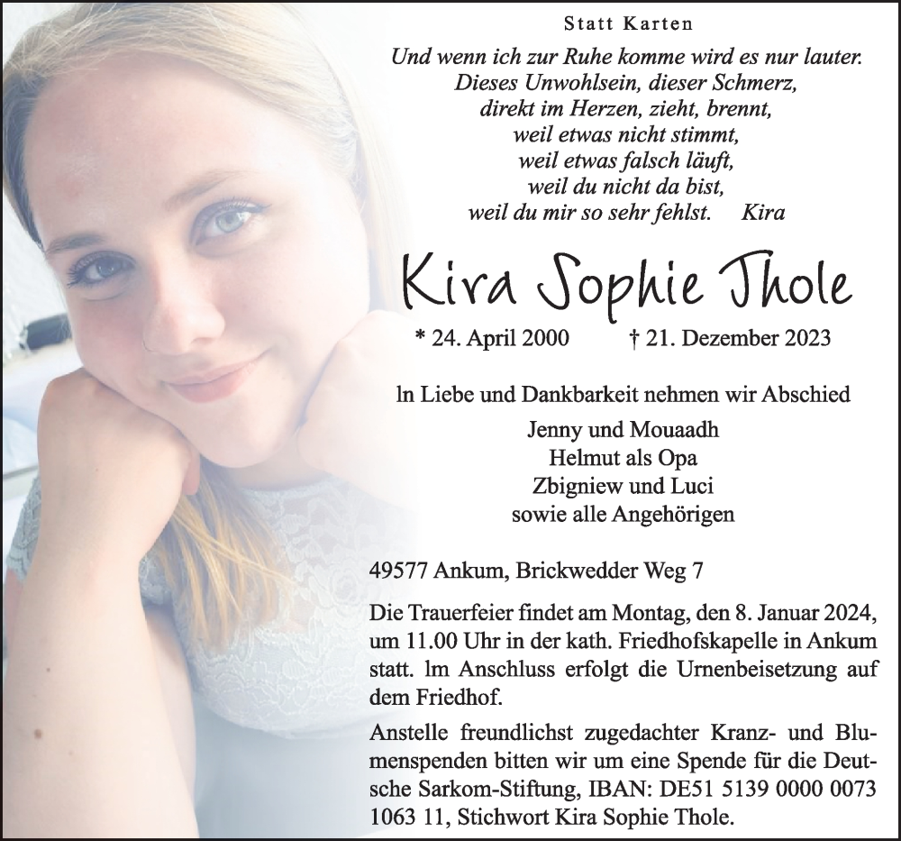  Traueranzeige für Kira Sophie Thole vom 04.01.2024 aus Neue Osnabrücker Zeitung GmbH & Co. KG