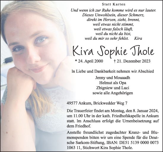 Traueranzeige von Kira Sophie Thole von Neue Osnabrücker Zeitung GmbH & Co. KG