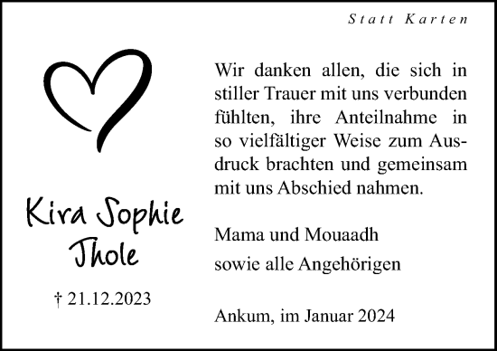 Traueranzeige von Kira Sophie Thole von Neue Osnabrücker Zeitung GmbH & Co. KG