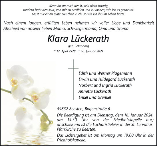 Traueranzeige von Klara Lückerath von Neue Osnabrücker Zeitung GmbH & Co. KG