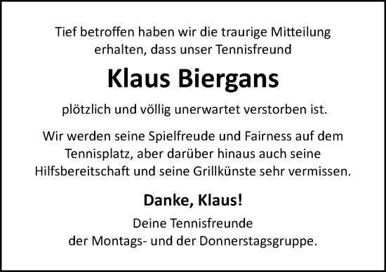 Traueranzeige von Klaus Biergans von Neue Osnabrücker Zeitung GmbH & Co. KG