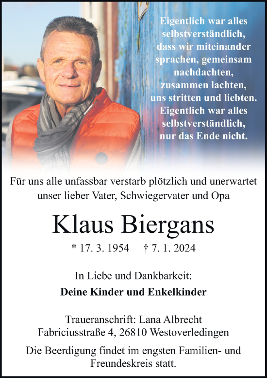 Traueranzeige von Klaus Biergans von Neue Osnabrücker Zeitung GmbH & Co. KG