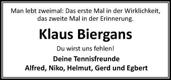 Traueranzeige von Klaus Biergans von Neue Osnabrücker Zeitung GmbH & Co. KG