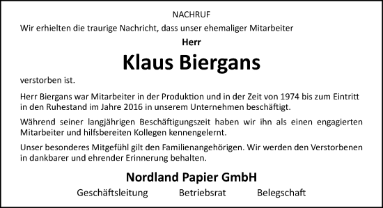 Traueranzeige von Klaus Biergans von Neue Osnabrücker Zeitung GmbH & Co. KG