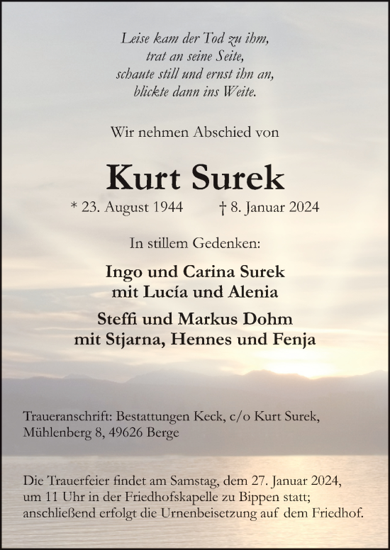 Traueranzeige von Kurt Surek von Neue Osnabrücker Zeitung GmbH & Co. KG