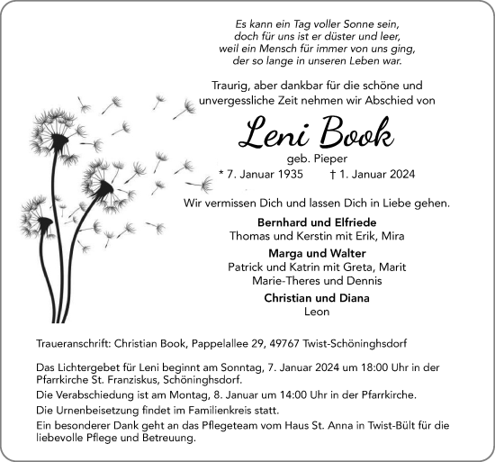 Traueranzeige von Leni Book von Neue Osnabrücker Zeitung GmbH & Co. KG