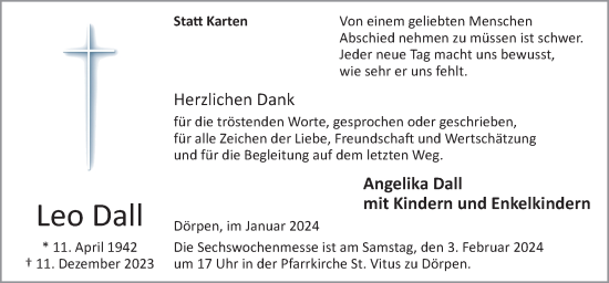 Traueranzeige von Leo Dall von Neue Osnabrücker Zeitung GmbH & Co. KG